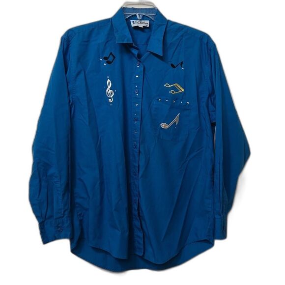 Tops - Las Olas Womens Size LARGE Embroidered BLUE Music Notes Button-Down Shirt